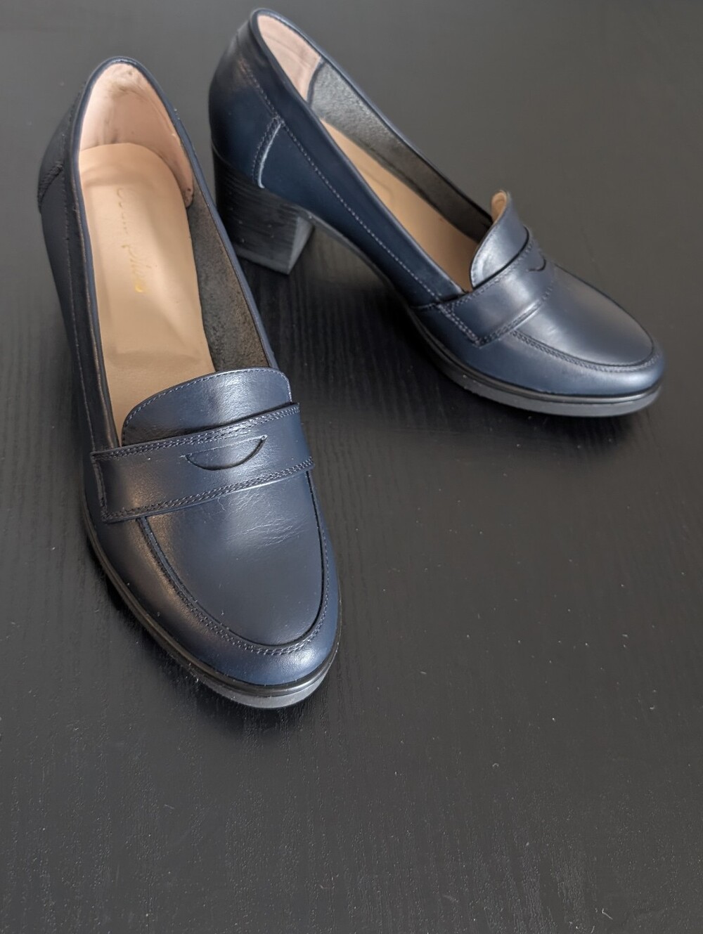 Classic Timeless Navy Leather Heeled Loafers Block Heel Office Casual Event 38